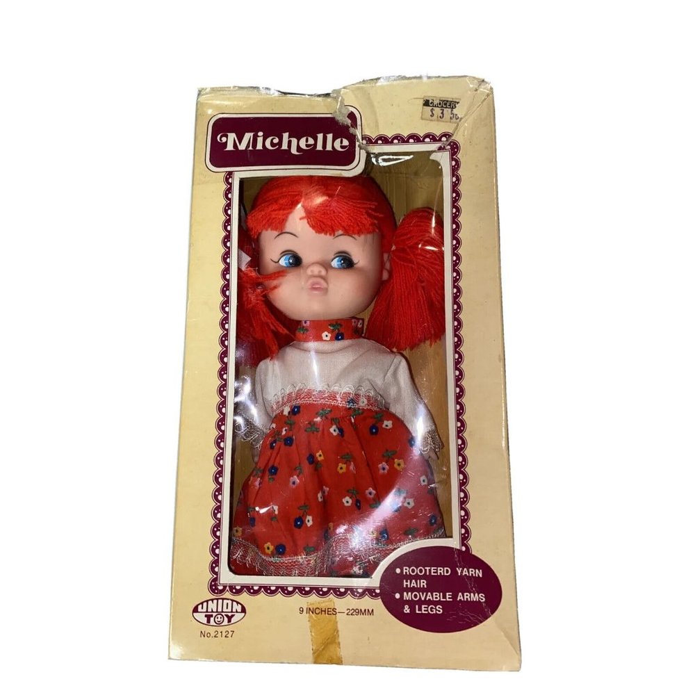 Vintage Doll In Box Michelle Union Toy Orange Red Hair Side Eyes Dress